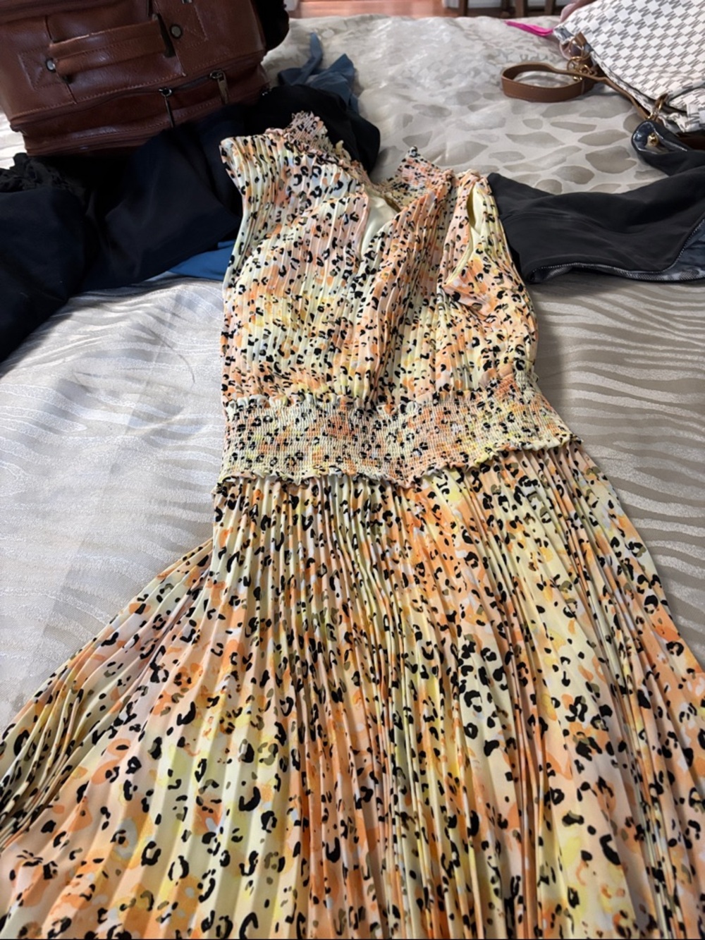 Nanette Lepore Yellow Peach Animal-Spot Pleated Midi Dress